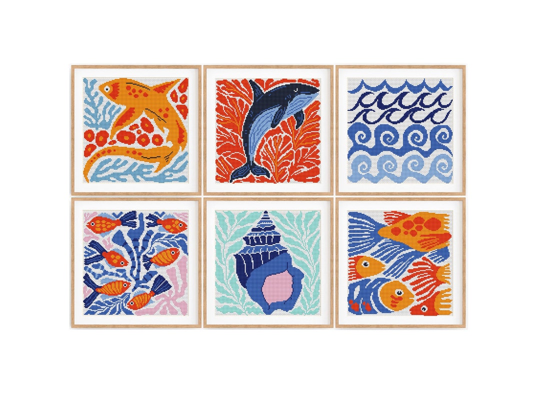 Set of 6 Modern Ocean Water Sea Cross Stitch Patterns, Abstract Nature ...