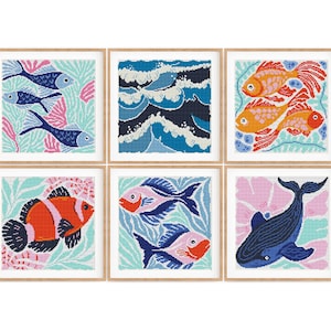 Set of 6 Modern Ocean Water Sea Cross Stitch Patterns, Abstract Nature ...