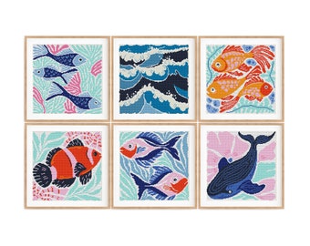 Set of 6 Modern Ocean Water Sea Cross Stitch Patterns, Abstract
