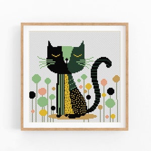 Kruissteekpatroon, abstracte witte kat, bloemen, modern x-stitchpatroon, kruissteektabel, kattenliefhebber cadeaupatroon, Instant Download PDF