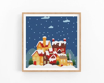 Borduurpatroon Winterdorp, besneeuwd kerstdorp (PDF), direct te downloaden, digitaal bestand