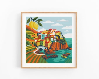 Italy Manarola Cross Stitch Pattern, Cinque Terre PDF, Vineyard Village Wall Art, Instant Download