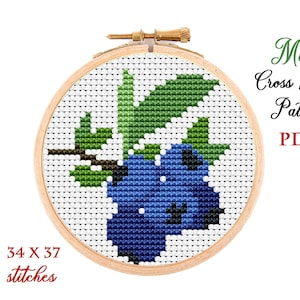 Mini Cross Stitch Pattern. Blueberry. Counted cross stitch chart. Fruit hoop art embroidery. Tiny xstitch for beginner. Instant download PDF