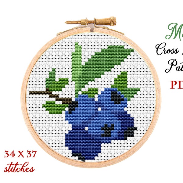 Mini Cross Stitch Pattern. Blueberry. Counted cross stitch chart. Fruit hoop art embroidery. Tiny xstitch for beginner. Instant download PDF