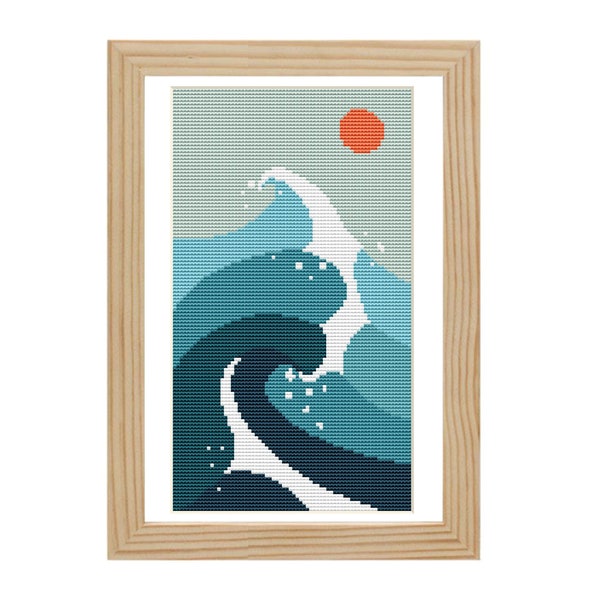 Cross Stitch Pattern Modern Landscape Abstract, Ocean Waves x-stitch Pattern, Small Cross Stitch Chart, Nature Design, Instant Download PDF