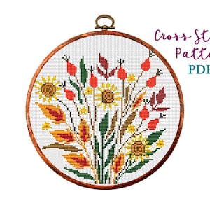 Ramo de otoño, patrón de punto de cruz de otoño, punto de cruz de flores en PDF, arte botánico en aro, bordado a mano. Gráfico de punto de cruz contado moderno.