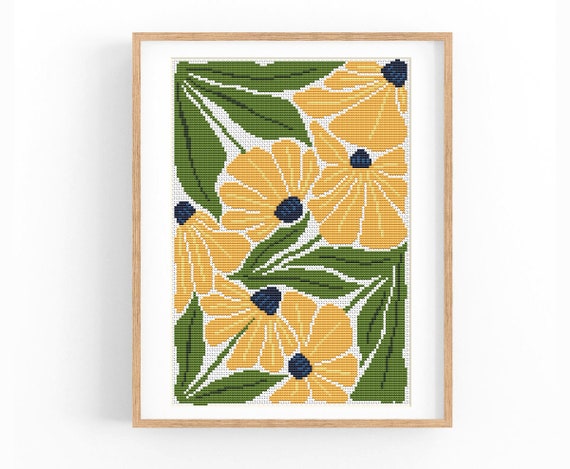 Cross Stitch Pattern Modern Floral Abstract, Yellow Flowers
