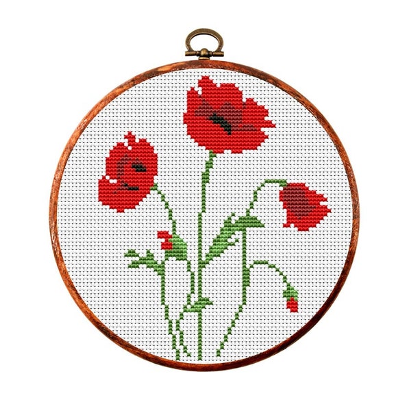 Cross Stitch Pattern. Poppies. Meadow flowers. Counted cross stitch chart. Nature hoop art embroidery. Small xstitch. Instant download PDF