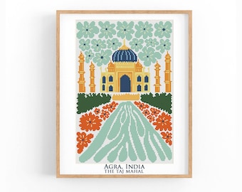 Cross Stitch Pattern Agra India The Taj Mahal Travel Poster. Cityscape, Abstract. Counted Cross Stitch Chart Landscape PDF Instant Download.