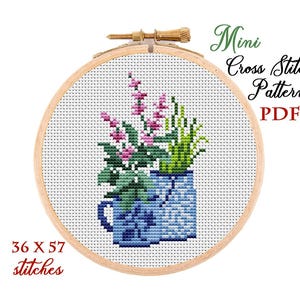 Mini Cross Stitch Pattern. Flowers. Counted cross stitch chart. Flower hoop art embroidery. Tiny xstitch for beginner. Instant download PDF