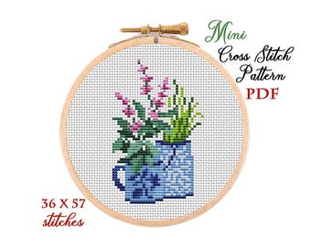 Mini Cross Stitch Pattern. Flowers. Counted cross stitch chart. Flower hoop art embroidery. Tiny xstitch for beginner. Instant download PDF