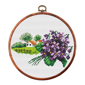 Vintage Kreuzstichmuster, Landschaft, Blumen, Frühling, Antikes Kreuzstich Design, Blumenstrauß, Kleine Stickerei, sofortiger Download PDF
