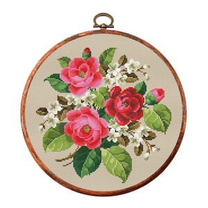 Vintage bloemen kruissteekpatroon, antiek kruissteekontwerp, Victoriaans x-steekpatroon, borduurbloemen, instant download PDF