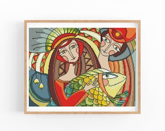 Cubist Fisherman Portrait Cross Stitch Pattern, Colorful Folk Art Chart, Large Statement Wall Art, Instant Download PDF