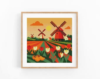Netherlands Cross Stitch Pattern, Tulip Field, Travel Chart (PDF Download)