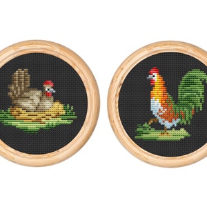 Set of 2 Vintage Cross Stitch Pattern, Victorian, Antique Cross Stitch Design, Mini rooster, hen x-stitch pattern, Instant download PDF