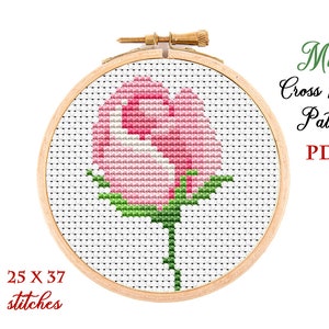 Mini Cross Stitch Pattern. Rose. Counted cross stitch chart. Flower hoop art embroidery. Tiny xstitch for beginner. Instant download PDF