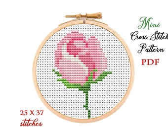 Mini Cross Stitch Pattern. Rose. Counted cross stitch chart. Flower hoop art embroidery. Tiny xstitch for beginner. Instant download PDF