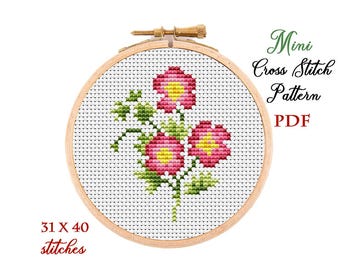 Mini Cross Stitch Pattern. Floral. Counted cross stitch chart. Flower hoop art embroidery. Tiny xstitch for beginner. Instant download PDF