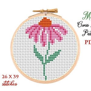 Mini-kruissteekpatroon. Echinacea. Getelde kruissteekkaart. Bloem hoepel kunst borduurwerk. Tiny xstitch-beginner. Directe download pdf.