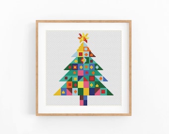 Christmas Tree Cross Stitch Pattern, Patchwork Ornament Chart, Modern Holiday Embroidery, no AI design, Instant Download PDF