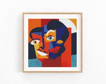 Split Face Cubist Portrait Cross Stitch Pattern, Bold Abstract Chart, Modern Wall Art, Instant Download PDF