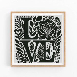 Liefde kruissteekpatroon modern bloemen abstract, zwart x-steekpatroon, kruissteektabel, liefde natuurpatroon, instant download pdf