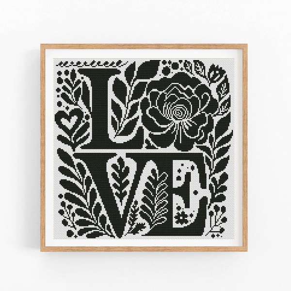 Patrón de punto de cruz "Amor", diseño floral abstracto moderno, punto X negro, gráfico de punto de cruz, patrón "Amor naturaleza", descarga instantánea en PDF