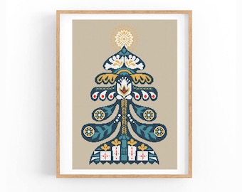 Christmas Tree Cross Stitch Pattern PDF, Scandinavian Folk Art Embroidery, Nordic Christmas Counted Cross Stitch, Instant Download PDF