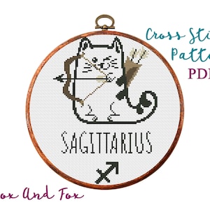 Zodíaco del gato. Sagitario. Patrón de punto de cruz moderno. Cuadro de punto de cruz contado. Bordado de arte de aro. Signo de astrología. Descarga instantánea de PDF