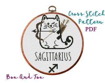 Cat Zodiac. Sagittarius. Modern Cross Stitch Pattern. Counted cross stitch chart. Hoop art embroidery. Astrology sign. Instant download PDF