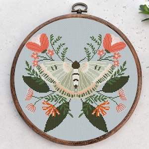 Cross stitch pattern, Floral Butterfly, flower, nature cross stitch, Hoop Embroidery. Modern counted cross stitch chart.Instant download PDF
