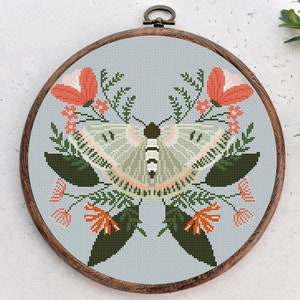 Cross stitch pattern, Floral Butterfly, flower, nature cross stitch, Hoop Embroidery. Modern counted cross stitch chart.Instant download PDF