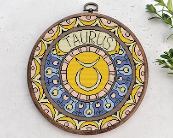 Modèle moderne de point de croix du zodiaque taureau, broderie de signe astrologique, symbole du zodiaque, décoration murale, mandala, point compté, téléchargement PDF
