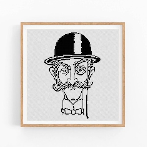May include: Black and white line art portrait of a man wearing a bowler hat, monocle, and bow tie. The illustration is framed in a light brown wooden frame, perfect for wall decor. The man has a large mustache and is holding a cane.