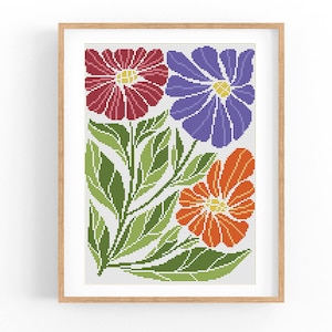 Kruissteekpatroon modern bloemen abstract, moderne bloemen, eenvoudig x-steekpatroon, kruissteekkaart, natuurpatroon, pdf direct downloaden