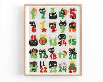 Cat Advent Calendar Cross Stitch Pattern, Christmas Countdown Chart, Instant Download PDF