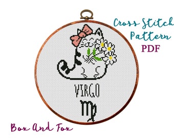 Cat Zodiac. Virgo. Modern Cross Stitch Pattern. Counted cross stitch chart. Hoop art embroidery. Astrology birth sign. Instant download PDF