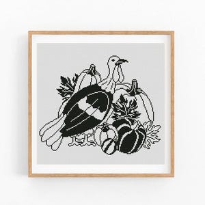 Herfstkruissteekpatroon, zwart-wit herfstkruissteek pdf, Thanksgiving, herfstseizoen handborduurwerk. Moderne getelde kruissteekkaart.