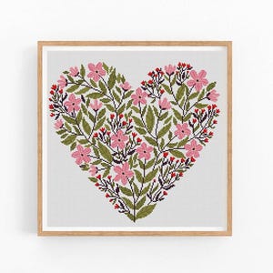 Padrão moderno de ponto cruz Flor Coração Amor, desenho de bordado do Dia dos Namorados, gráfico de ponto cruz, xstitch para iniciantes, PDF para download instantâneo.