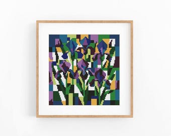 Purple Iris Flowers Cross Stitch Pattern, Green Abstract Geometric Art, Instant Download PDF