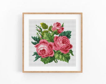 Wzór haftu krzyżykowego Vintage Flowers, antyczny wzór haftu krzyżykowego, wiktoriański kwiatowy wzór haftu krzyżykowego, haftowany kwiat, natychmiastowe pobranie pliku PDF