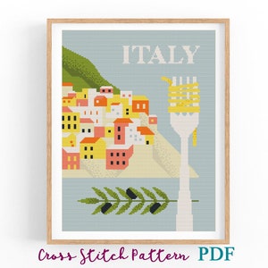 Cross Stitch Pattern Italy. Retro Travel Poster. Counted Cross Stitch Chart. Italy Landscape. PDF Instant Download. Point de croix.