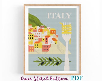 Cross Stitch Pattern Italy. Retro Travel Poster. Counted Cross Stitch Chart. Italy Landscape. PDF Instant Download. Point de croix.