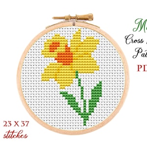 Mini-kruissteekpatroon. Narcissen. Getelde kruissteekkaart. Bloem hoepel kunst borduurwerk. Tiny xstitch-beginner. Pdf direct downloaden