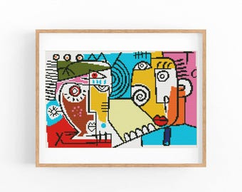 Large Cubist Profile Cross Stitch Pattern, Colorful Abstract Portrait Chart, Modern Wall Art, Beginner Friendly, Instant Download PDF
