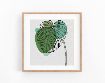 Monstera Leaf Cross Stitch Pattern, Color Block Tropical Plant Chart, Beginner Friendly Embroidery, Instant Download PDF