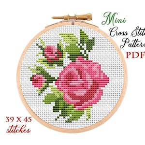 ミニクロスステッチパターン。バラ。クロスステッチチャート。フラワーフープアート刺繍。初心者向けミニクロスステッチ。PDFをすぐにダウンロードできます。