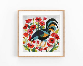 Abstract Rooster Cross Stitch Pattern, Poppy Garden PDF, Beginner Farm Bird Chart, Instant Download
