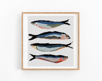 イワシのクロスステッチパターン、イワシの食べ物アート、抽象的な魚缶のクロスステッチパターン、モダンなクロスステッチデザイン、PDFの即時ダウンロード